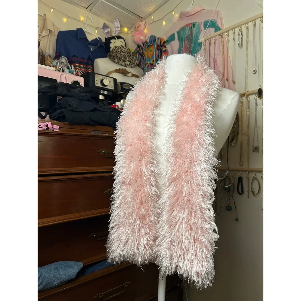 Y2K‎ Light Pink Faux Fur Eyelash Yarn Skinny Scarf Shaggy Feathered Boa 2000s